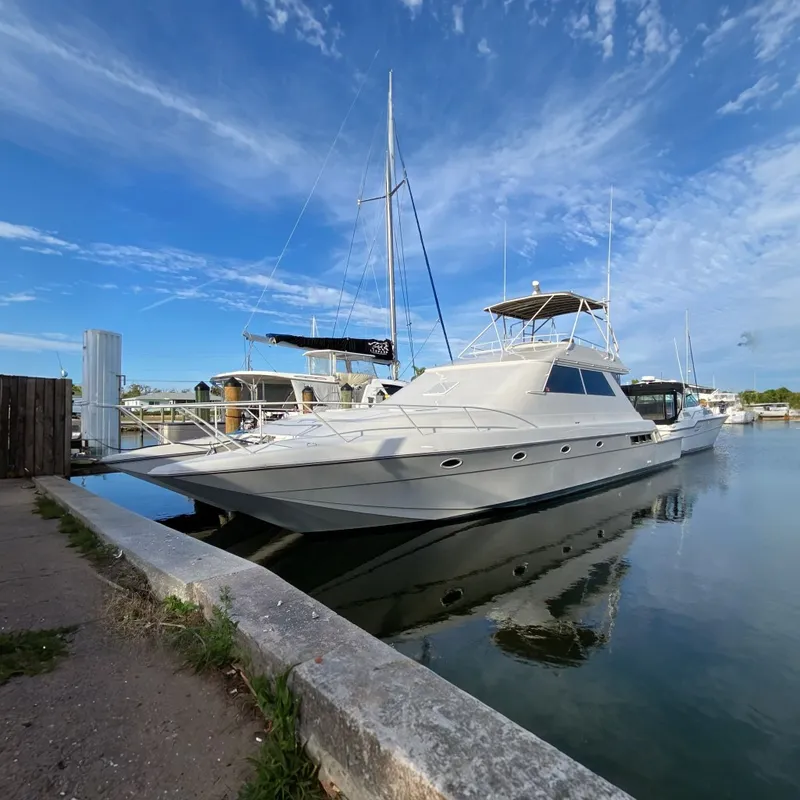 The Image of 1995 Mares 58 Power Cat yacht docked in a marina under a clear blue sky. - 0