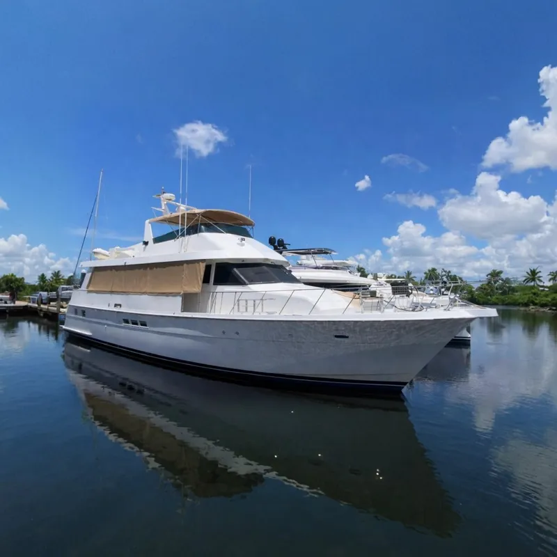 The Image of 1991 Hatteras 70 Cockpit Motor Yacht docked under a clear blue sky. - 0