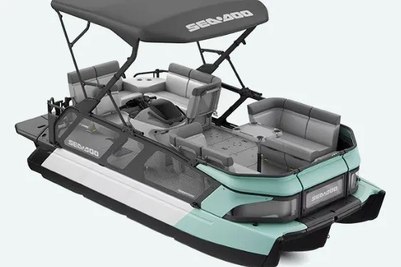 The Image of 2026 Sea-Doo Switch Cruise 18 pontoon boat with canopy and seating, side view. - 0