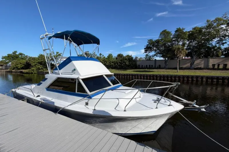The Image of 1973 Chris-Craft 31 Commander docked on a sunny day, featuring a blue canopy. - 0