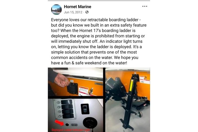 Slide: The Image of Hornet Marine 17, 2012 model with retractable boarding ladder safety feature. - 36