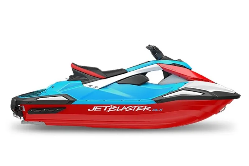 Slide: The Image of 2027 Yamaha WaveRunner JetBlaster DLX 2-Up in vibrant red and blue design. - 2