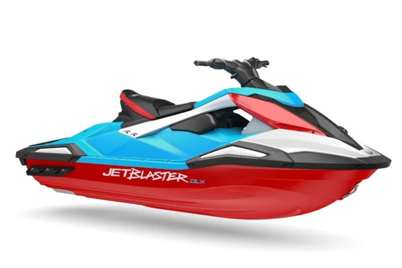 The Image of 2027 Yamaha WaveRunner JetBlaster DLX 2-Up, vibrant blue and red design, side view. - 1