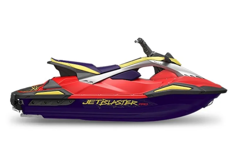 Slide: The Image of 2027 Yamaha WaveRunner JetBlaster PRO 3-Up in vibrant red and purple design. - 2