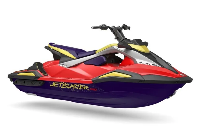 The Image of 2027 Yamaha WaveRunner JetBlaster PRO 3-Up, vibrant red and purple design, side view. - 1