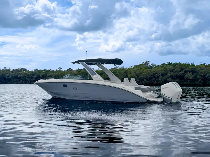 Slide: The Image of The image shows a Sea Ray SDX 290 Outboard boat on calm water under a cloudy sky. - 24