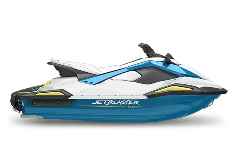 Slide: The Image of 2027 Yamaha WaveRunner JetBlaster LTD, blue and white jet ski, side view. - 2