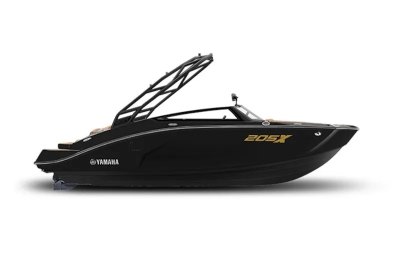 Slide: The Image of 2027 Yamaha Boats 205XD, sleek black design, side view. - 4