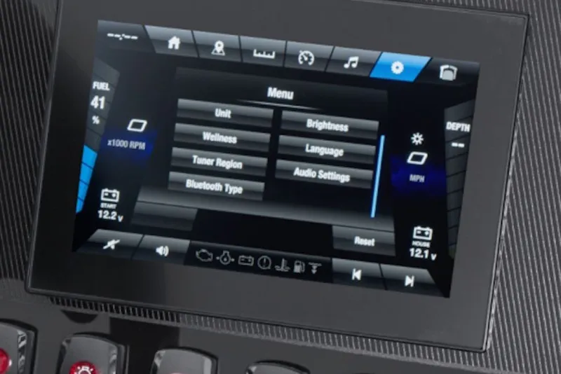 Slide: The Image of Touchscreen display of 2027 Yamaha Boats 205XD showing menu options and settings. - 7