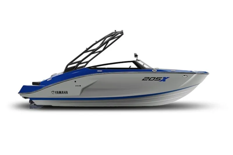 The Image of 2027 Yamaha Boats 205XD, sleek blue and white design, side view. - 1
