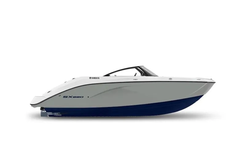 Slide: The Image of 2027 Yamaha Boats SX220, sleek white and blue design, side view. - 4