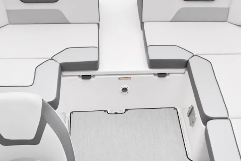 Slide: The Image of Interior seating of 2027 Yamaha Boats SX220, featuring sleek gray and white upholstery. - 3