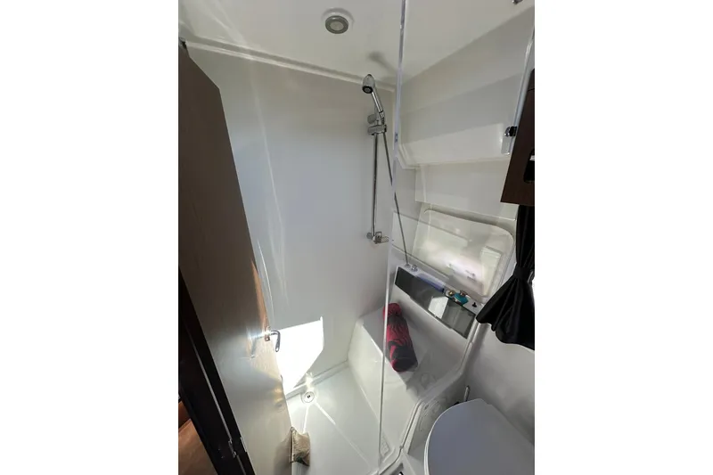 Slide: The Image of Modern bathroom interior of 2024 Beneteau Antares 11 Fly yacht. - 81