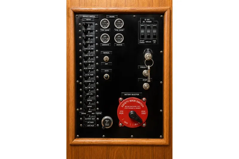 Slide: The Image of Electrical control panel of a 1978 Grand Banks 36 Classic boat, featuring switches and gauges. - 16