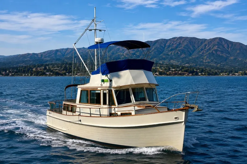 The Image of 1978 Grand Banks 36 Classic yacht cruising on a scenic lake with mountains. - 0
