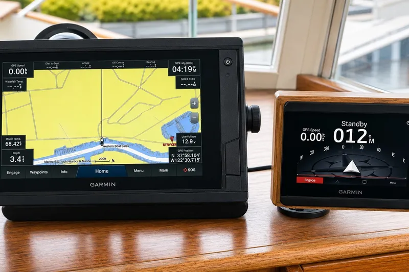Slide: The Image of Garmin navigation displays on a 1978 Grand Banks 36 Classic yacht dashboard. - 13