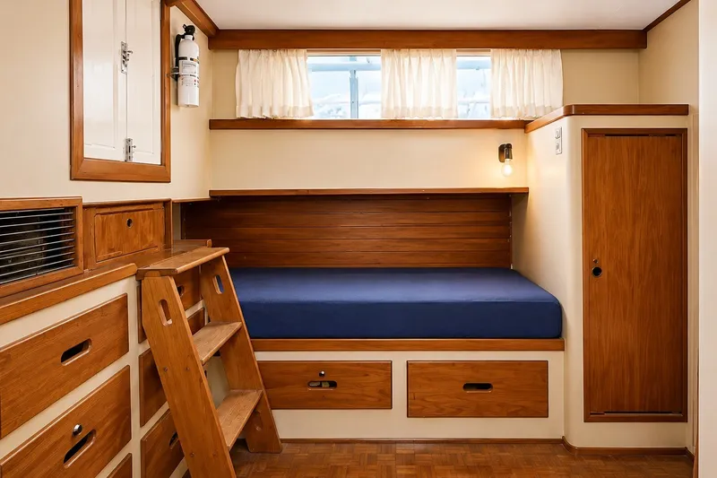 Slide: The Image of 1978 Grand Banks 36 Classic cabin interior with wooden furnishings and blue bedding. - 25