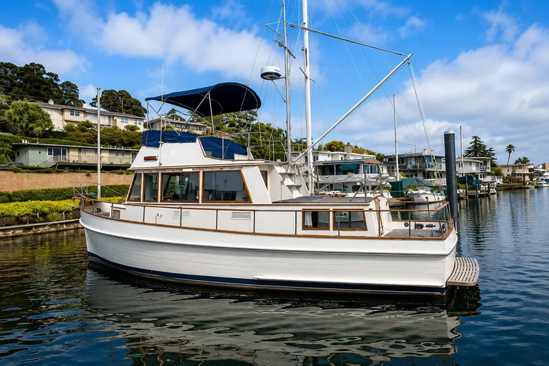 Slide: The Image of 1978 Grand Banks 36 Classic yacht docked in a serene marina setting. - 3