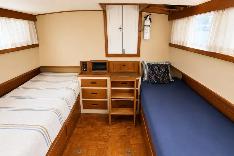 Slide: The Image of Interior of 1978 Grand Banks 36 Classic with twin beds and wooden cabinetry. - 26