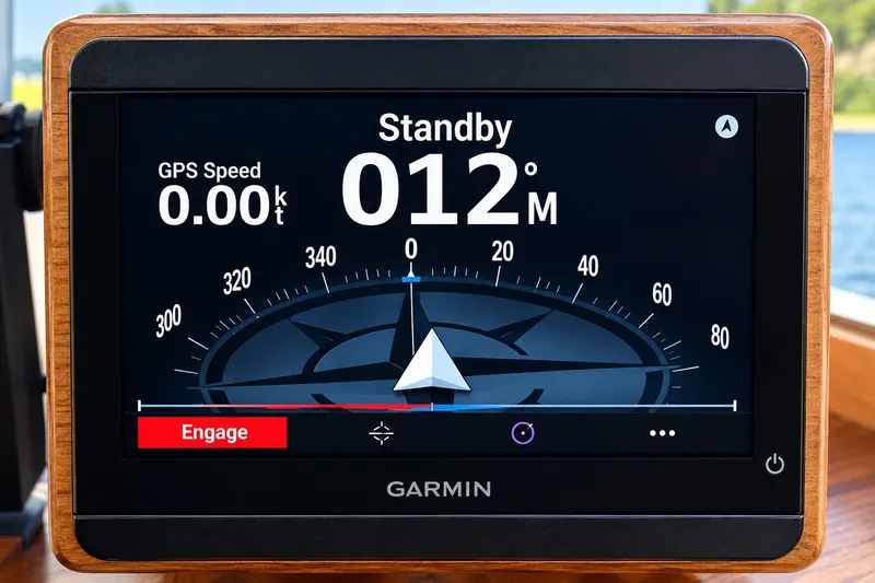 Slide: The Image of Garmin marine navigation display on 1978 Grand Banks 36 Classic, showing GPS speed and heading. - 18