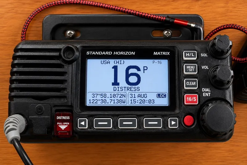 Slide: The Image of Marine radio displaying distress signal on Grand Banks 36 Classic, 1978 model. - 17