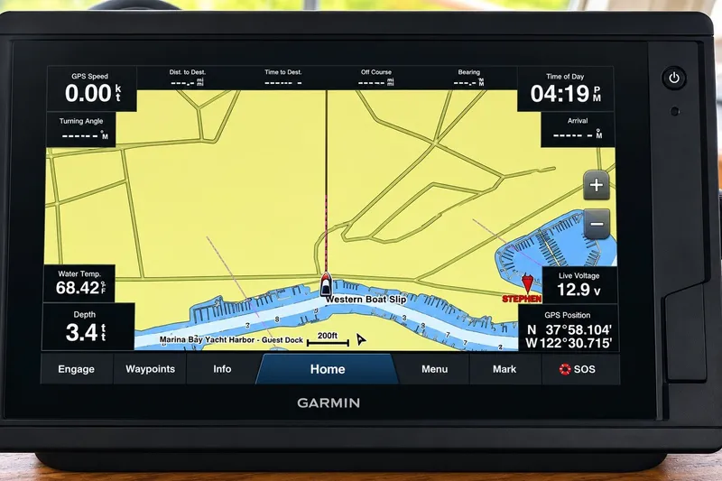 Slide: The Image of Garmin GPS display on 1978 Grand Banks 36 Classic, showing marina navigation details. - 14