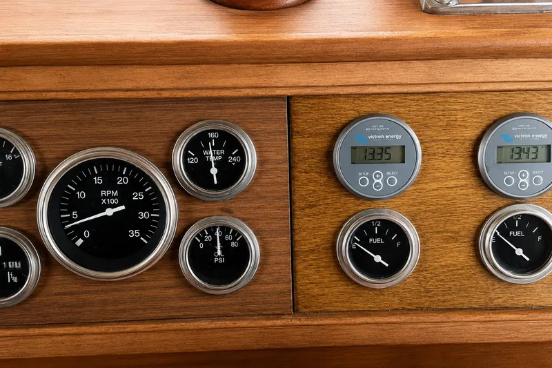 Slide: The Image of Dashboard of a 1978 Grand Banks 36 Classic with gauges and digital displays. - 12