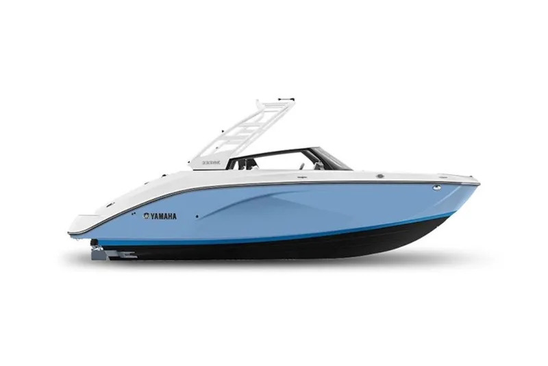 Slide: The Image of 2027 Yamaha Boats 222SD, sleek blue and white design, side view. - 2