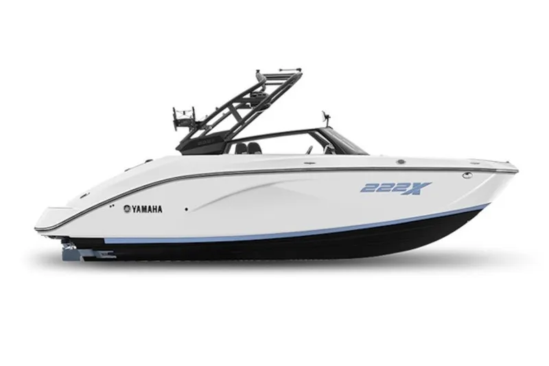 Slide: The Image of 2026 Yamaha Boats 222XE, sleek white design, side view, modern watercraft. - 5