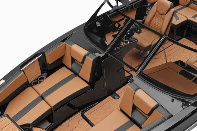 Slide: The Image of 2026 Yamaha Boats 222XE interior with luxurious tan and black seating, modern design. - 8