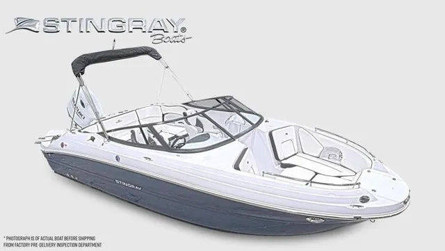 Slide: The Image of Stingray 22DC 2027: Sleek design with white and blue hull, spacious cockpit, and Bimini top. - 11