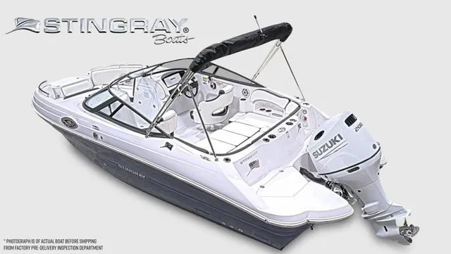 Slide: The Image of 2027 Stingray 22DC with Suzuki outboard motor, white hull, and black sunshade. - 13