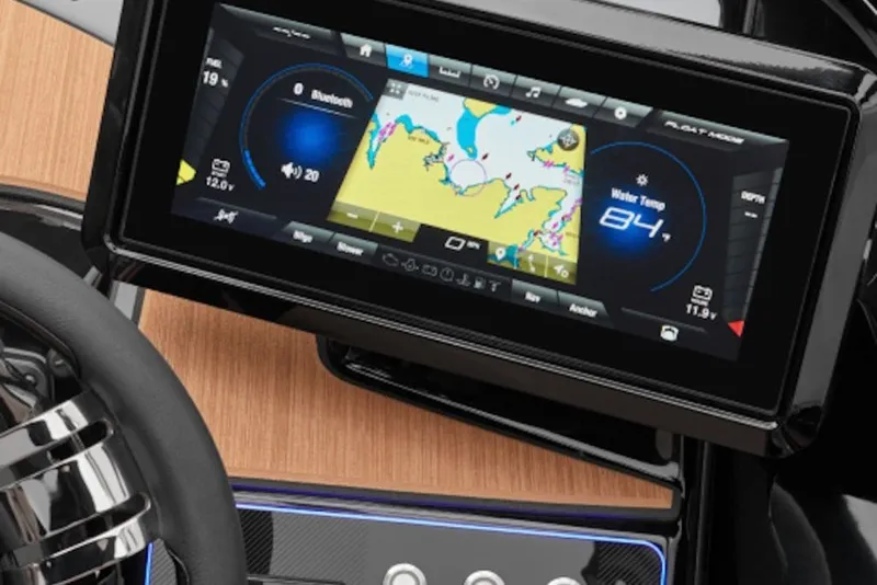 Slide: The Image of Dashboard of 2027 Yamaha Boats 222XD featuring navigation and temperature display. - 7