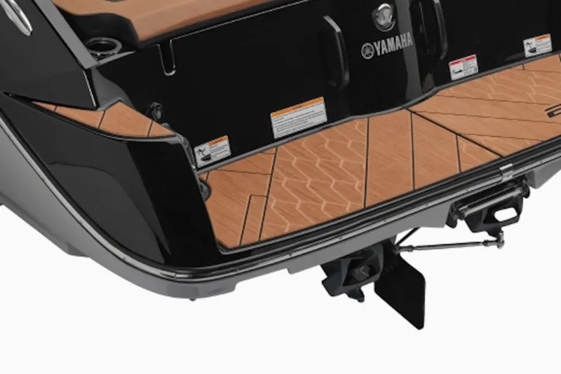 Slide: The Image of Rear view of 2027 Yamaha Boats 222XD with teak-style deck and sleek black finish. - 10