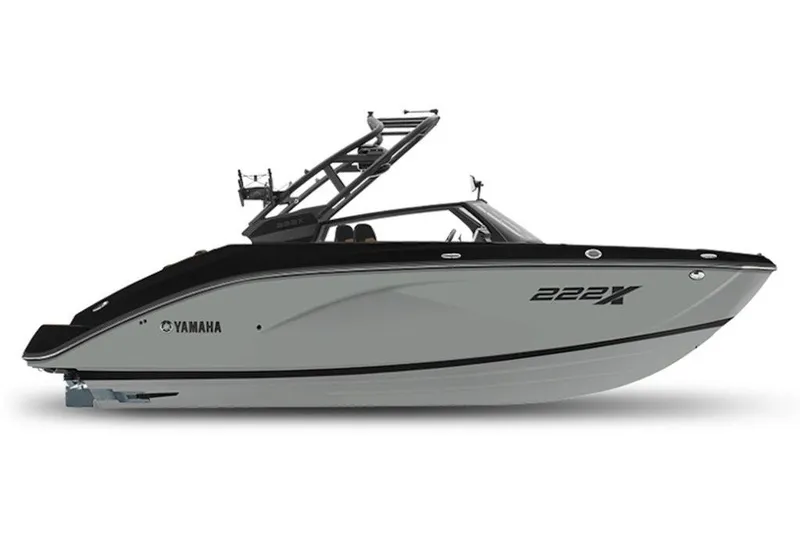 Slide: The Image of 2027 Yamaha Boats 222XD, sleek design, side view, black and gray color scheme. - 3