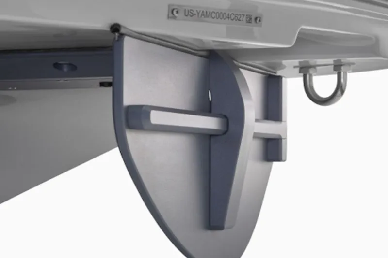 Slide: The Image of Close-up of 2027 Yamaha Boats 222XD rudder and hull detail. - 8