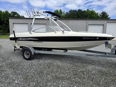 Slide: The Image of 2008 Stingray 205 LS/LX/LR boat on trailer, parked outdoors near storage units. - 0