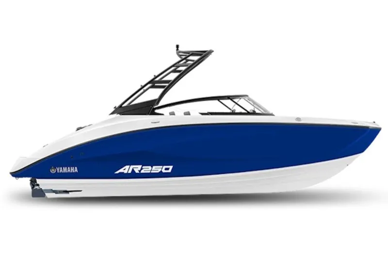 The Image of 2027 Yamaha Boats AR250, sleek blue and white design, side view. - 1
