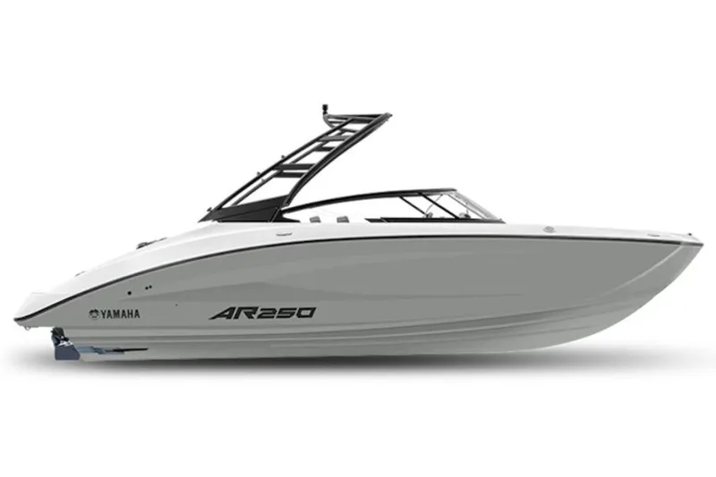 Slide: The Image of 2027 Yamaha Boats AR250, sleek white design, side view, modern watercraft. - 6