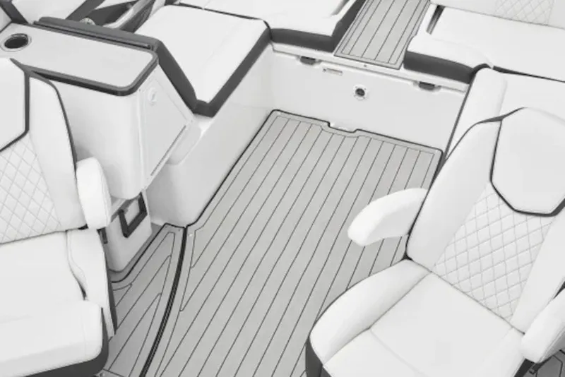 Slide: The Image of Interior of 2026 Yamaha Boats 252S, featuring sleek white seating and modern design. - 2