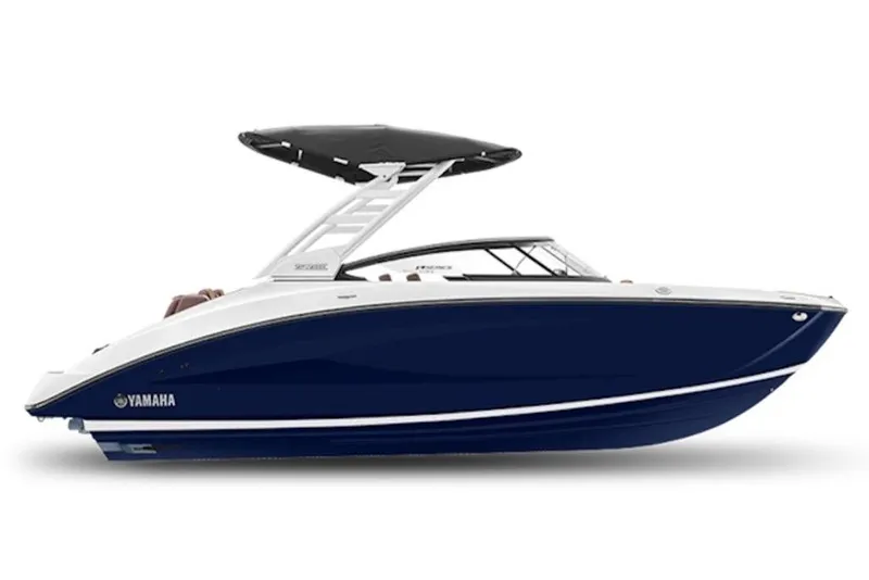 The Image of 2027 Yamaha Boats 252SE, sleek blue and white design, with a black canopy. - 1
