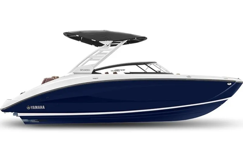 Slide: The Image of 2026 Yamaha Boats 252SD, sleek design, blue hull, black canopy, side view. - 7