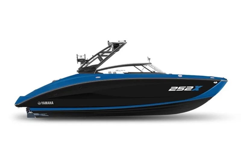 The Image of 2027 Yamaha Boats 252XE, sleek black and blue design, side view. - 1