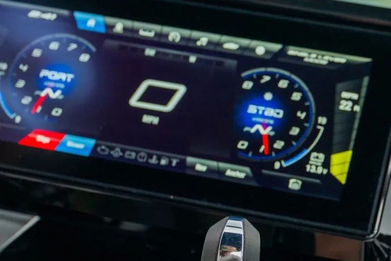 Slide: The Image of Digital dashboard of 2027 Yamaha Boats 255XD, displaying speed and engine information. - 9