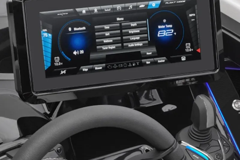 Slide: The Image of Dashboard of 2027 Yamaha Boats 255XD with touchscreen controls and steering wheel. - 7