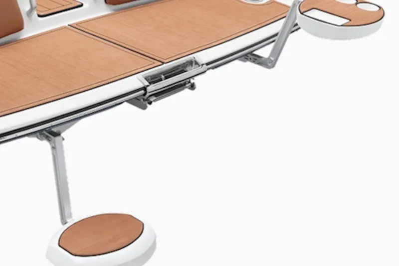 Slide: The Image of 2027 Yamaha Boats 275SD swim platform with teak finish and integrated seating. - 5