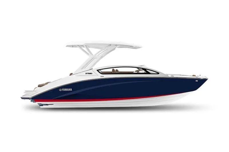 Slide: The Image of 2027 Yamaha Boats 275SD, sleek design, blue and white hull, modern features. - 3