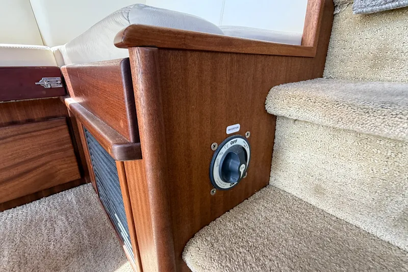 Slide: The Image of Interior of 2012 American Tug 365 showing wooden panel and carpeted stairs. - 71