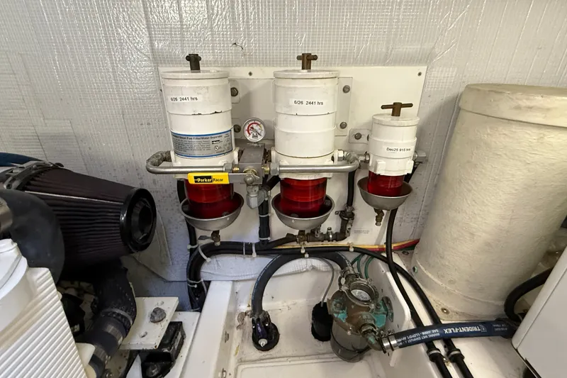 Slide: The Image of Engine room of a 2012 American Tug 365 with fuel filter system. - 20