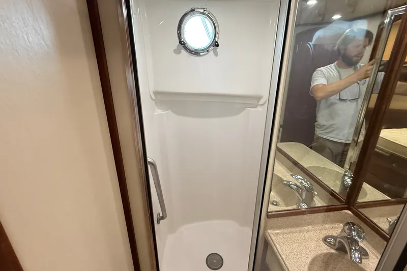Slide: The Image of Bathroom interior of 2012 American Tug 365 with shower and sink. - 131